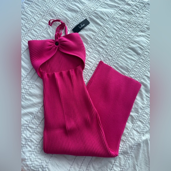 NWT Lulus Leading the Trends Hot Pink Ribbed Knit Cutout Halter Midi Dress - Picture 5 of 5